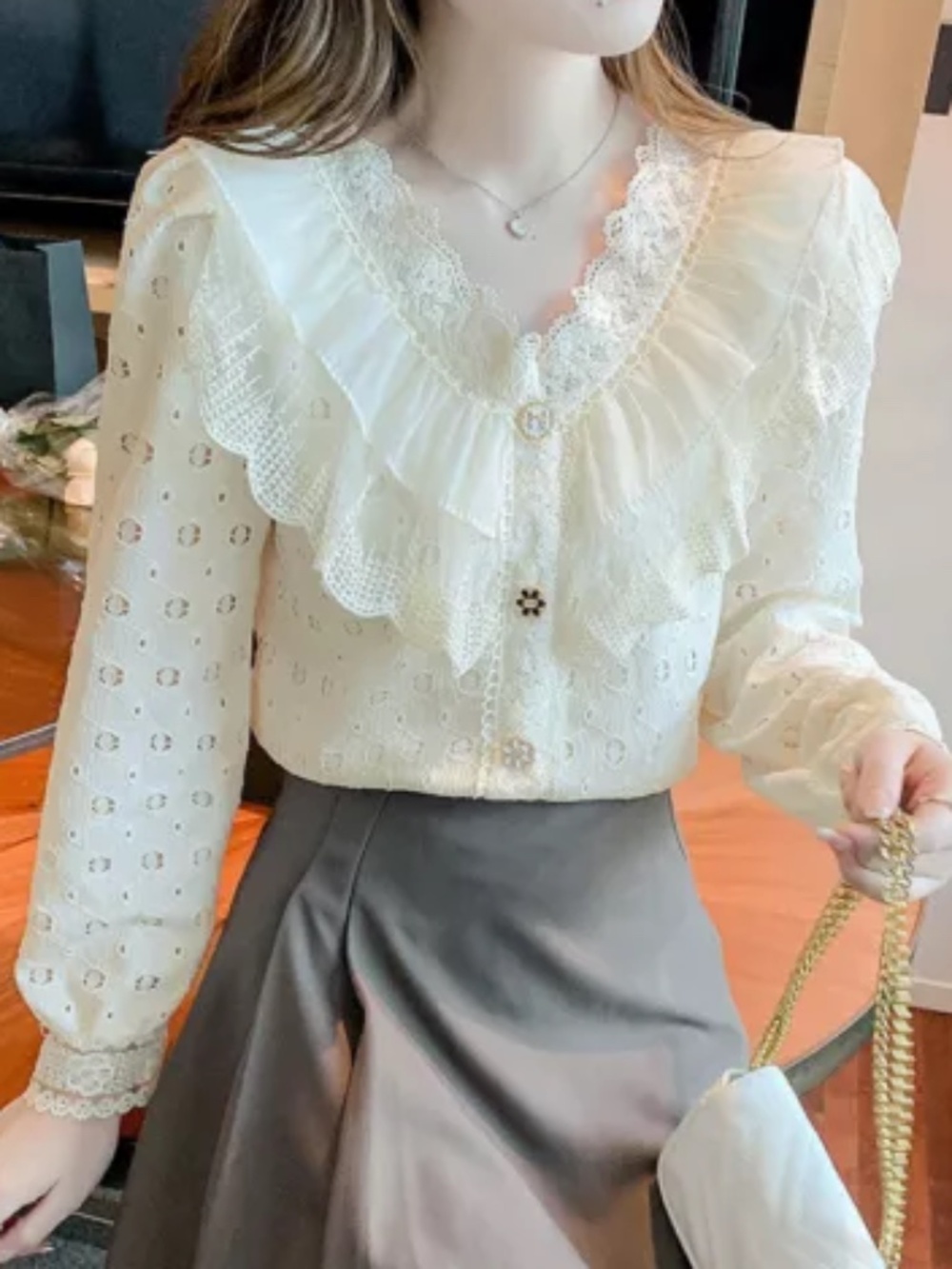 Korean Women Lace Crochet Ruffle V-neck Puff Sleeve Casual Blouse Tops Shirts